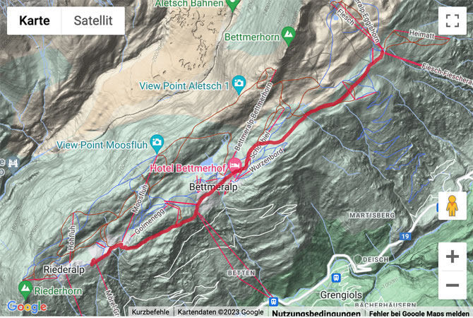 Carte de situation avec l'itinéraire pour la Panoramawanderung Fiescheralp - Bettmeralp - Riederalp