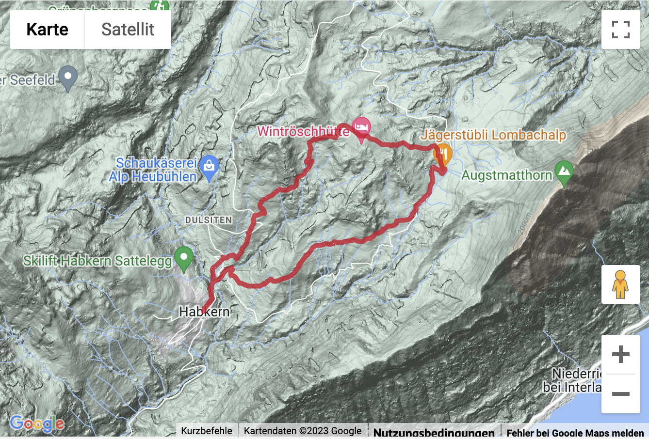 Carte de situation avec l'itinéraire pour la Randonnée de montagne de Habkern vers Lombachalp