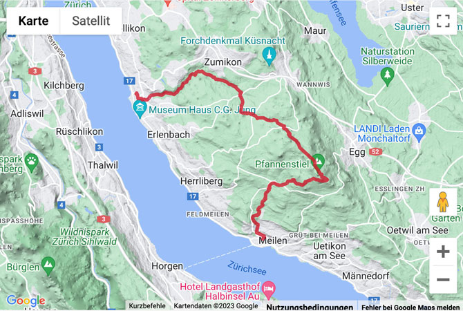 Übersichts-Routenkarte für die Tobelwanderung von Küsnacht ZH nach Meilen
