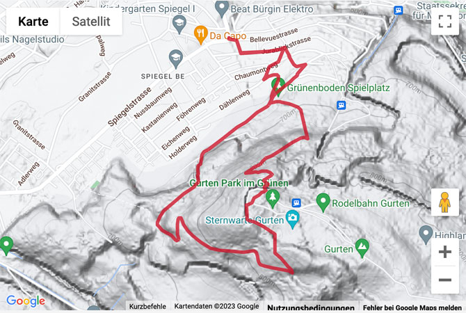 Carte de situation avec l'itinéraire pour la Rundwanderung zum Aussichtsturm auf dem Gurten