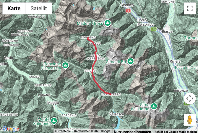 Routenskizze zur Uferwanderung von Sonogno entlang der Verzasca
