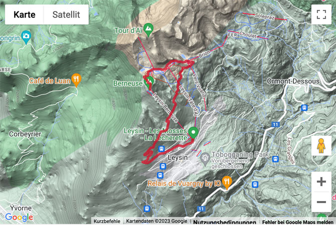 Übersichts-Routenkarte für die Wanderung vom Berneuse-Gipfel nach Leysin