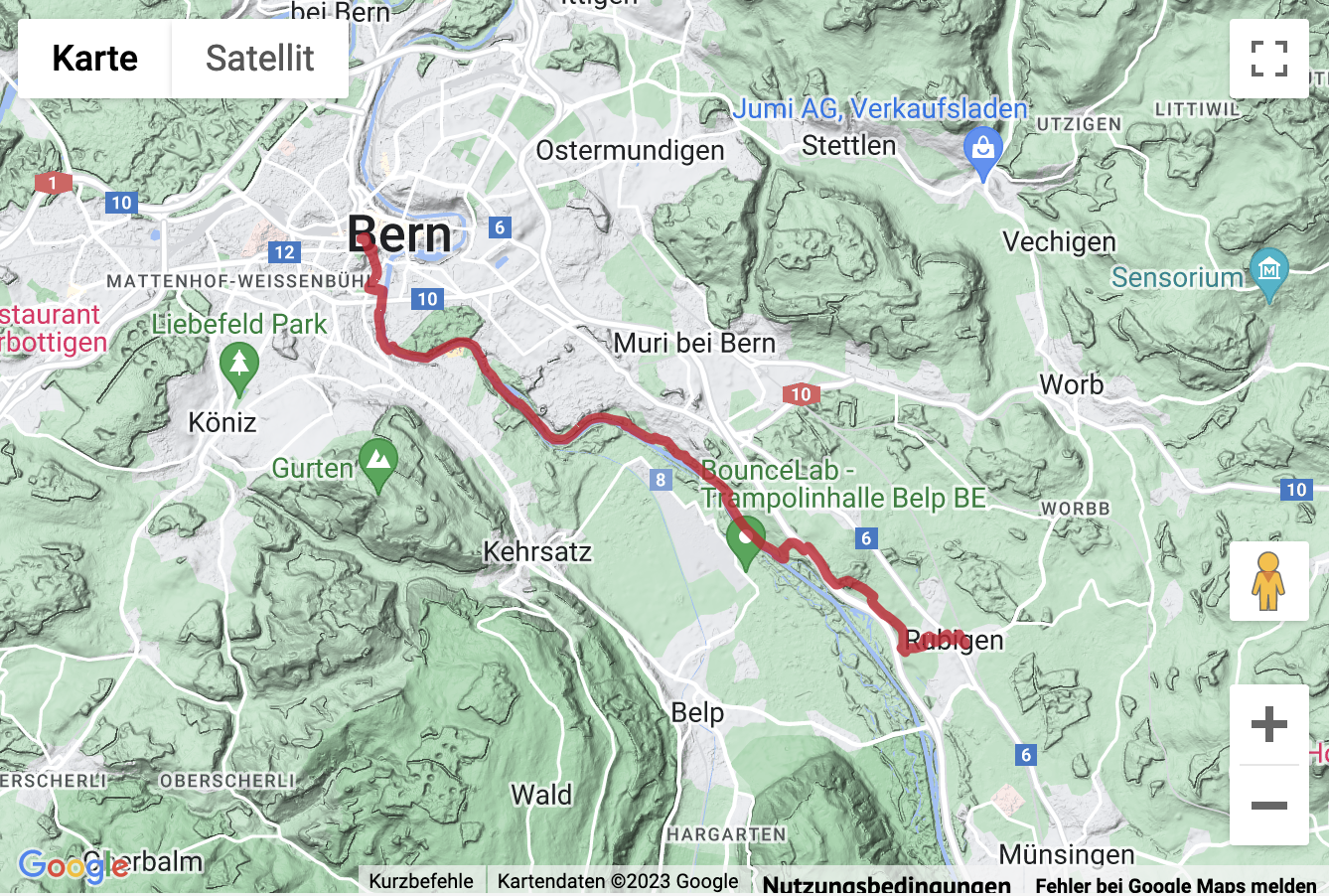Übersichtskarte Flussuferwanderung an der Aare von Rubigen nach Bern