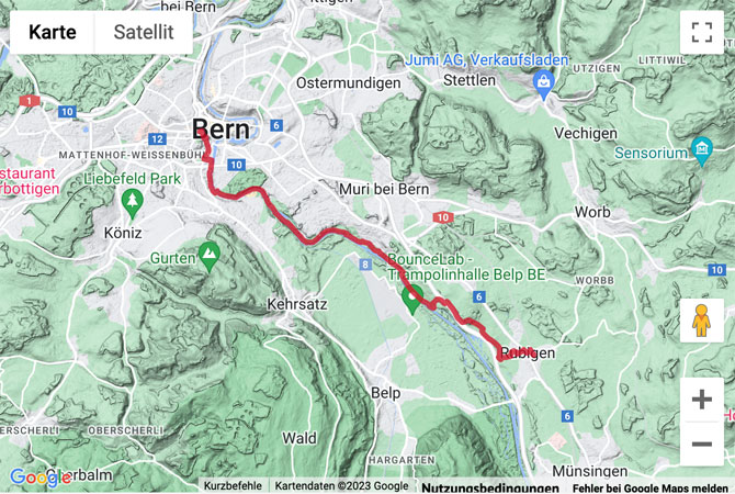 Übersichts-Routenkarte für die Flussuferwanderung an der Aare von Rubigen nach Bern