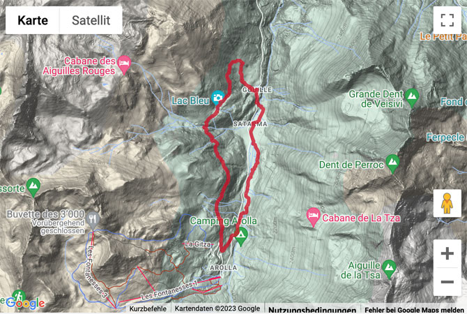 Carte de situation avec l'itinéraire pour la Bergwanderung im Val d'Arolla zum Lac Bleu