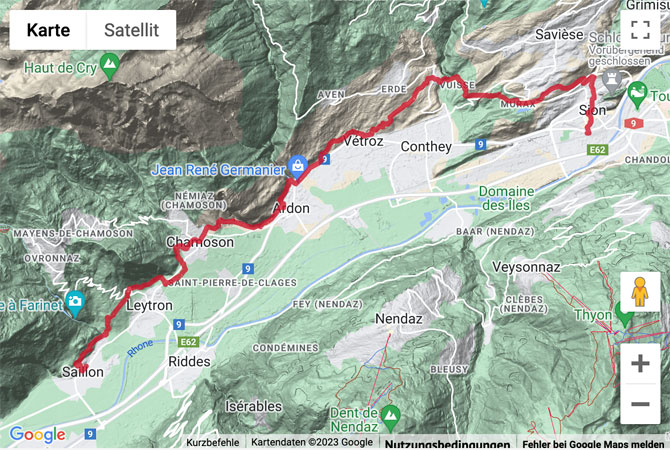 Übersichts-Routenkarte für die Rebberg-Wanderung von Saillon nach Sion