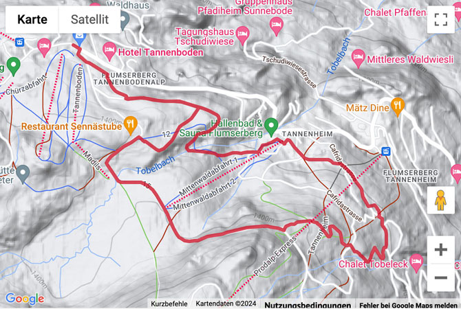 Carte de situation avec l'itinéraire pour la Winterwanderung vom Tannenboden zum Hinnästall