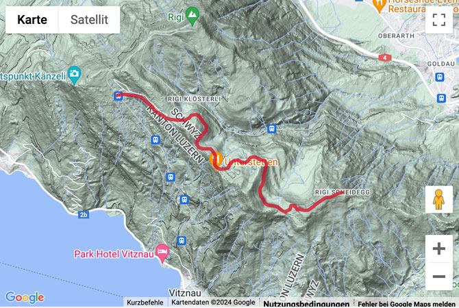 Carte de situation avec l'itinéraire pour la Winterwanderung auf dem Rigi Panoramaweg