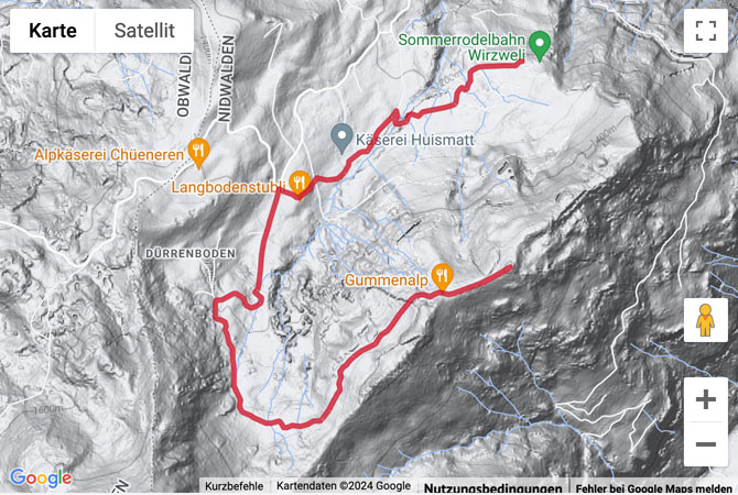 Carte de situation avec l'itinéraire pour la Winterwanderung von der Gummenalp nach Wirzweli