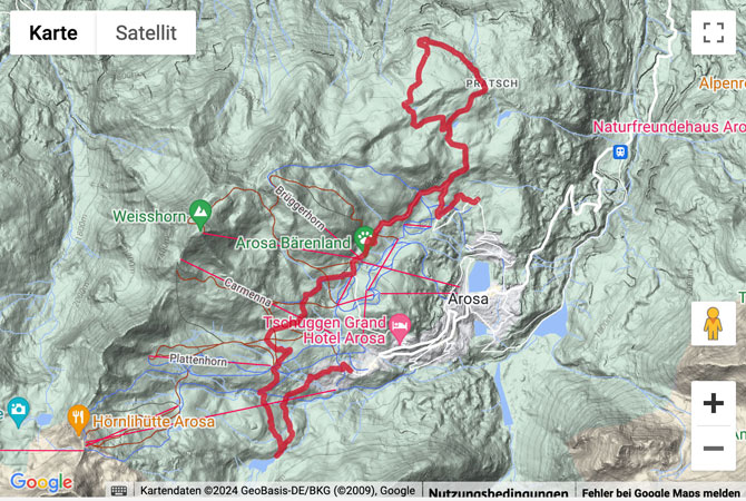 Übersichts-Routenkarte für die Winterwanderung über die Prätschalp nach Innerarosa