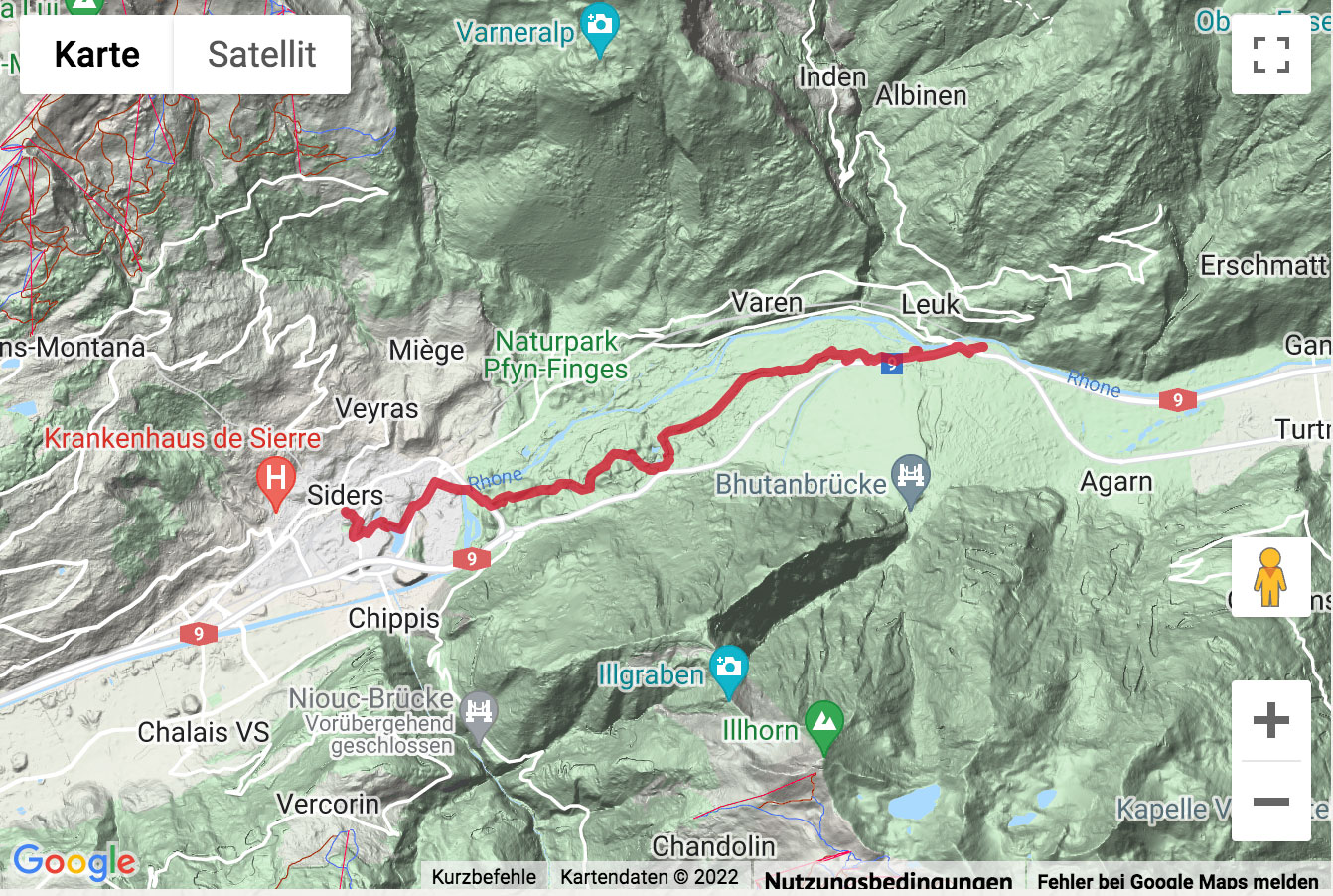 Carte de situation avec l'itinéraire pour la Randonnée de Loèche à travers la forêt Pfynwald