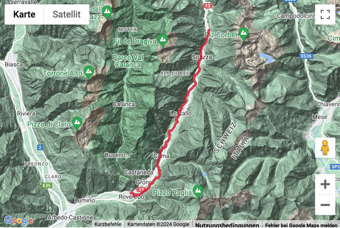 Carte de situation avec l'itinéraire pour la Talwanderung von Mesocco durch das Valle Mesolcina