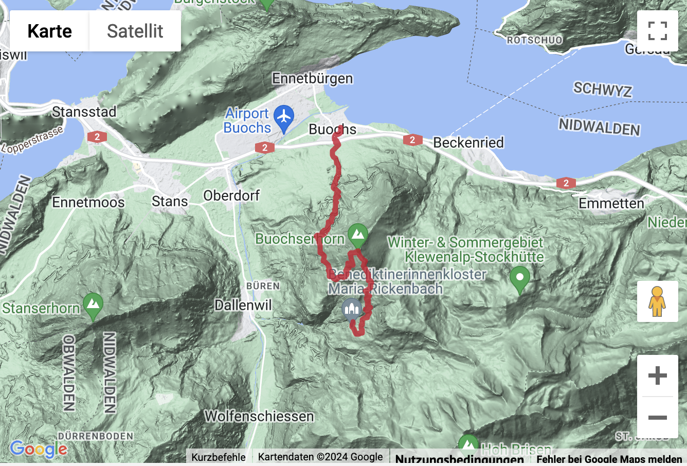 Übersichts-Routenkarte für die Bergwanderung übers Buochserhorn nach Niederrickenbach