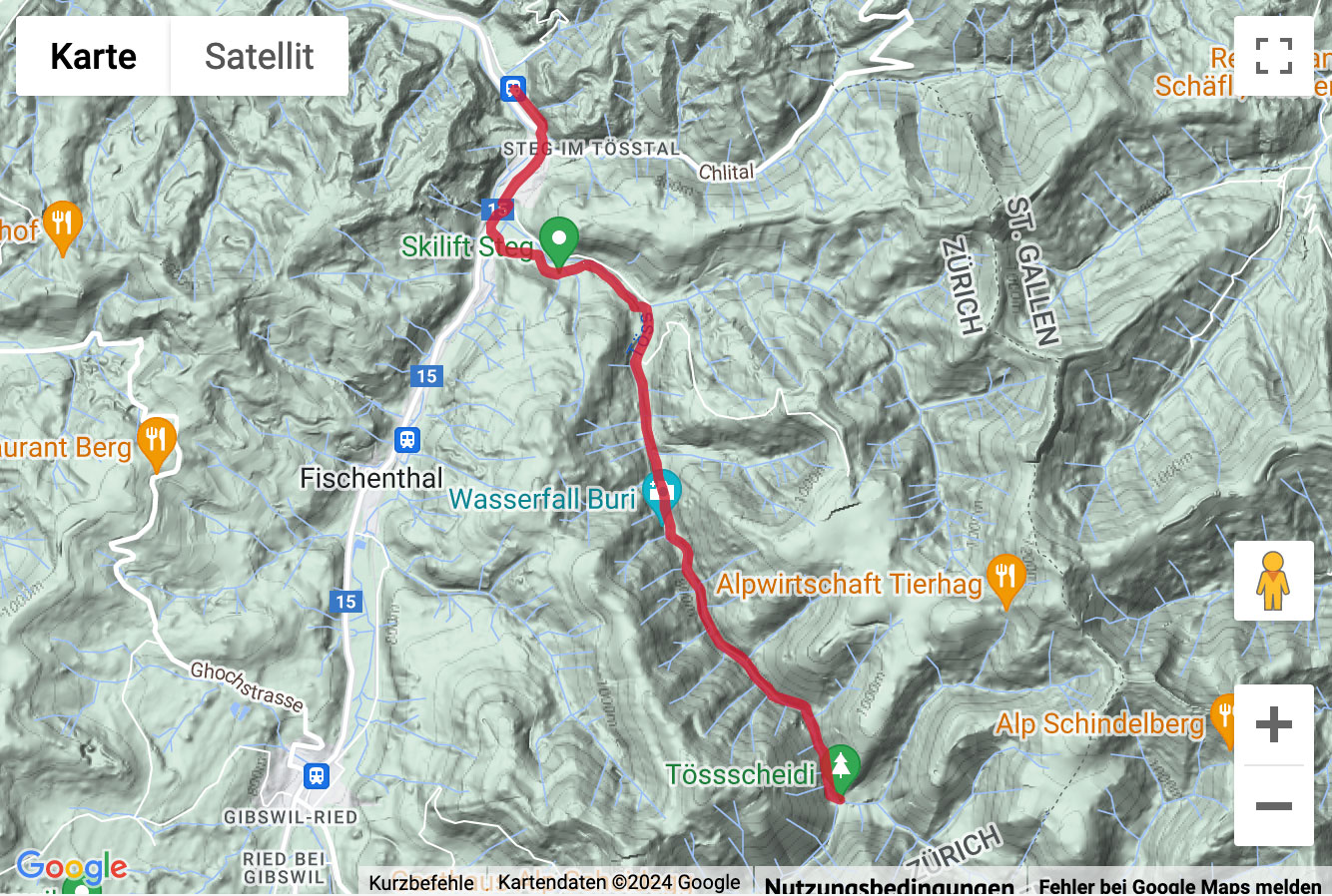 Übersichts-Routenkarte für die Wanderung von Steg im Tösstal zur Tössscheidi