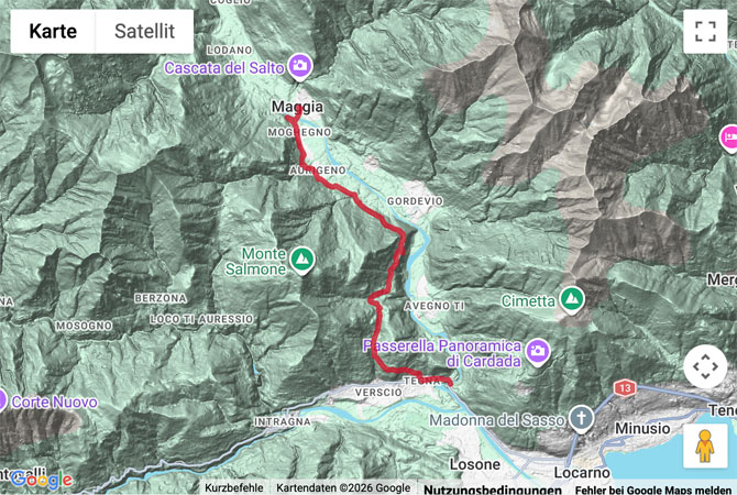 Routenskizze zur Wanderung von Maggia via Dunzio zur Ponte Brolla