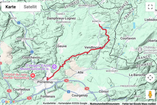 Routenskizze zur Wanderung von Bonfol nach Porrentruy