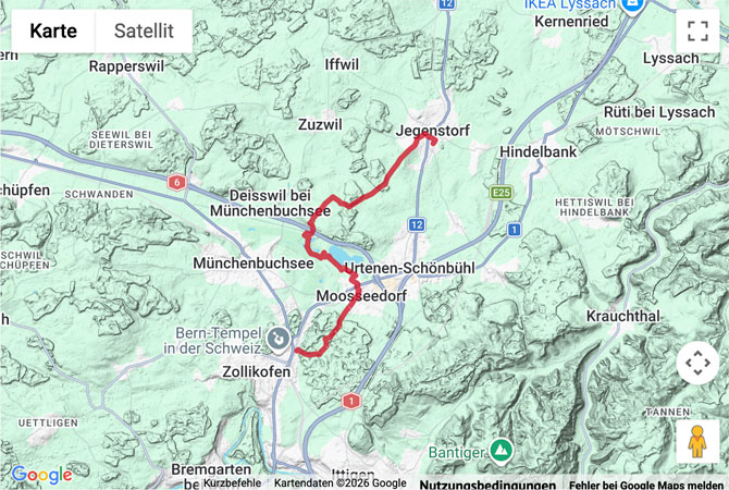 Routenskizze zur Wanderung Moossee - von Jegenstorf bis nach Zollikofen