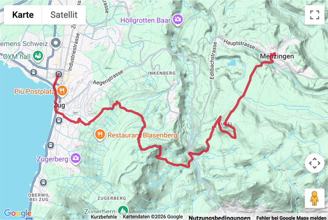 Routenskizze zur Wanderung von Menzingen nach Zug