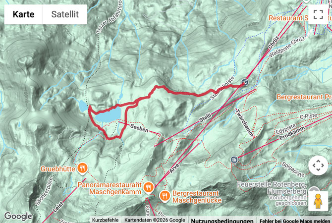 Routenskizze zur Rundwanderung am Flumserberg vom Chrüz zur Seebenalp