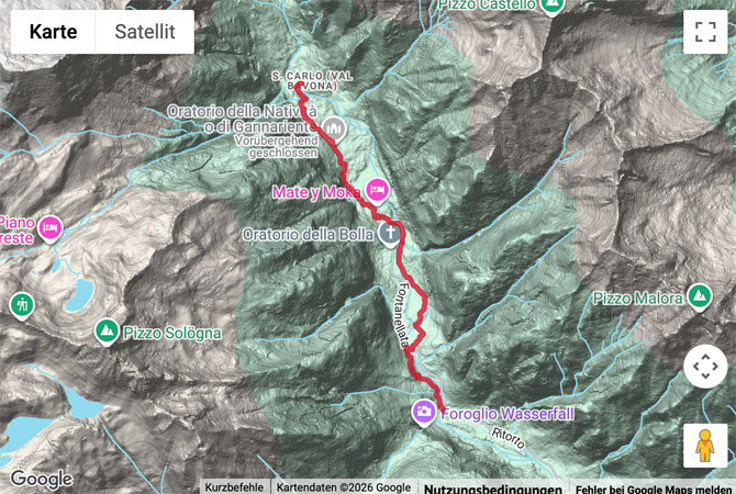 Routenskizze zur Wanderung im Val Bavona von S. Carlo nach Foroglio