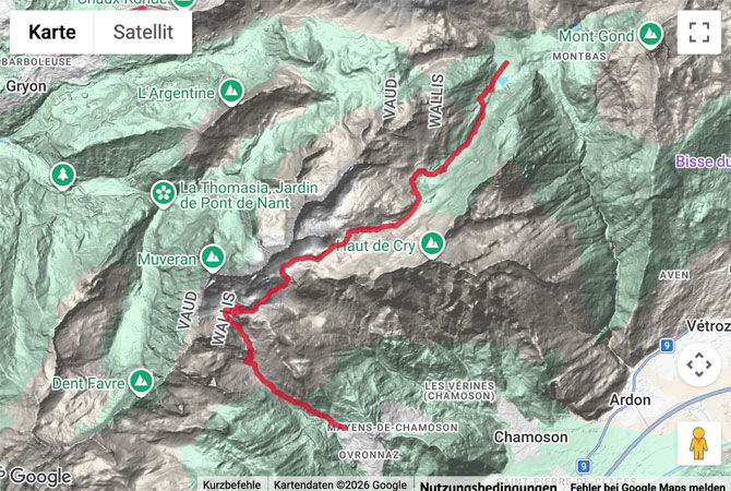 Routenskizze zur Bergwanderung von Derborence nach Ovronnaz
