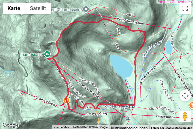 Routenskizze zur Gipfelwanderung vom Col de Bretaye auf den Chamossaire