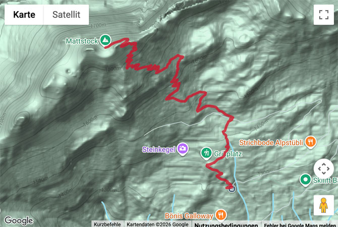 Routenskizze zur Gipfelwanderung hoch über Amden auf den Mattstock
