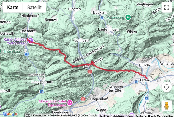 Routenskizze zur Wanderung von Olten nach Waldenburg