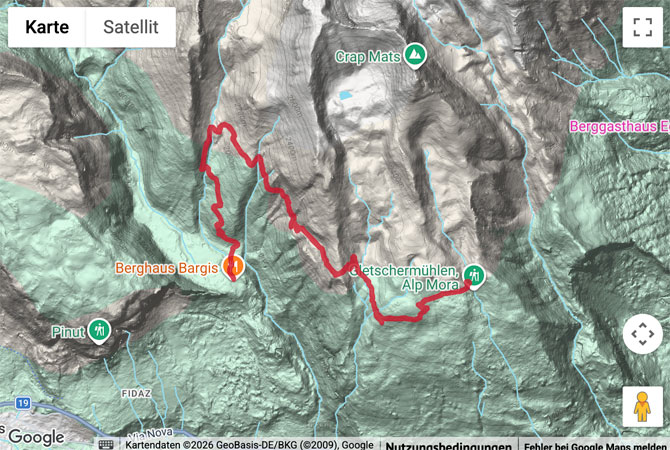 Routenskizze zur Wanderung zu den Gletschermühlen bei der Alp Mora