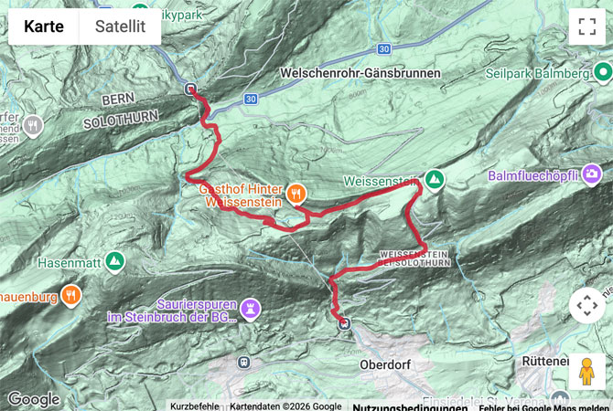 Routenskizze zur Wanderung von Gänsbrunnen über den Weissenstein nach Oberdorf