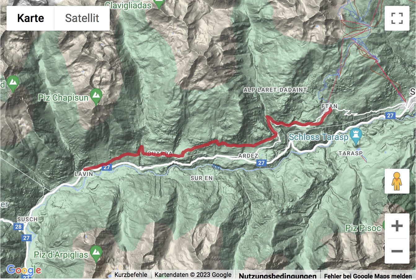 Google-Karte mit aufgezeichneter Route