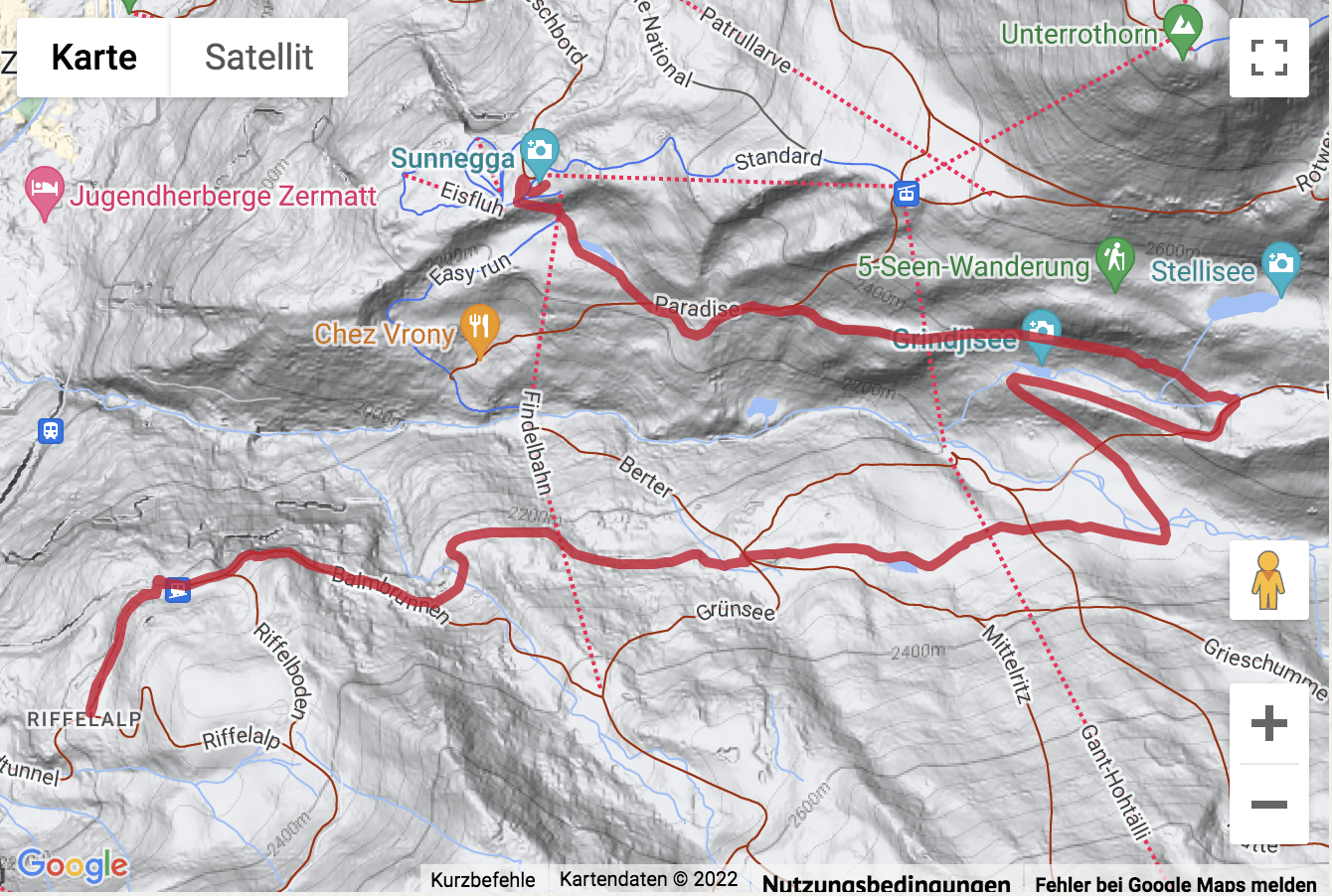 Übersichts-Routenkarte für die Panoramawanderung von Sunnegga zur Riffelalp