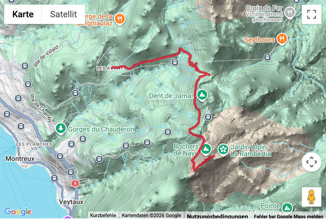 Routenskizze zur Bergwanderung Col de Jaman und Rochers de Naye