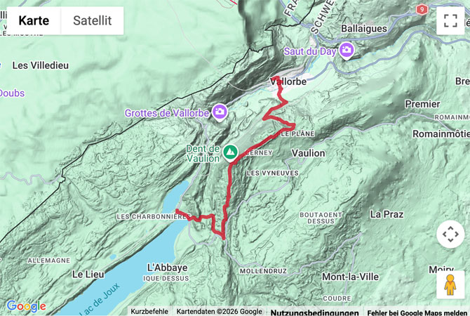 Routenskizze zur Gipfelwanderung über den Dent de Vaulion zum Lac de Joux