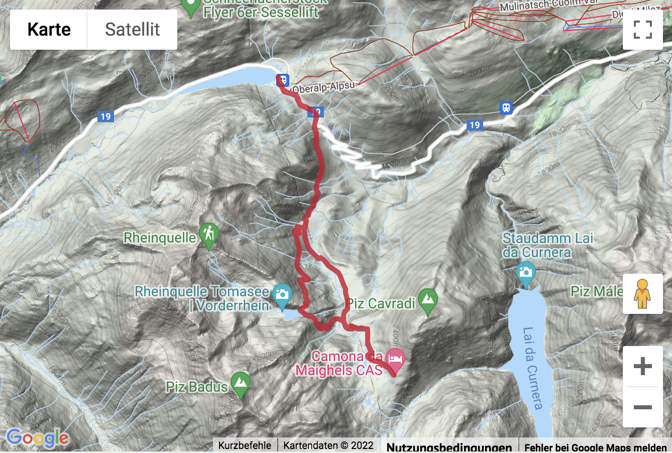 Übersichtskarte Bergwanderung vom Oberalppass zur Rheinquelle am Tomasee