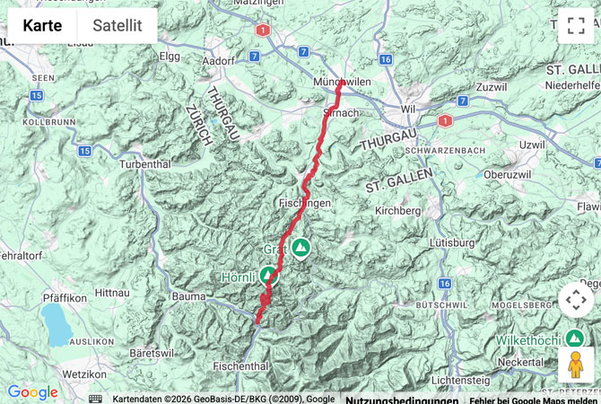 Routenskizze zur Wanderung auf dem Jakobsweg von Münchwilen nach Steg