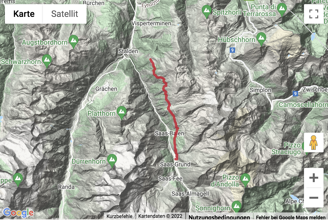 Übersichts-Routenkarte für die Höhenwanderung von Gspon nach Saas Grund