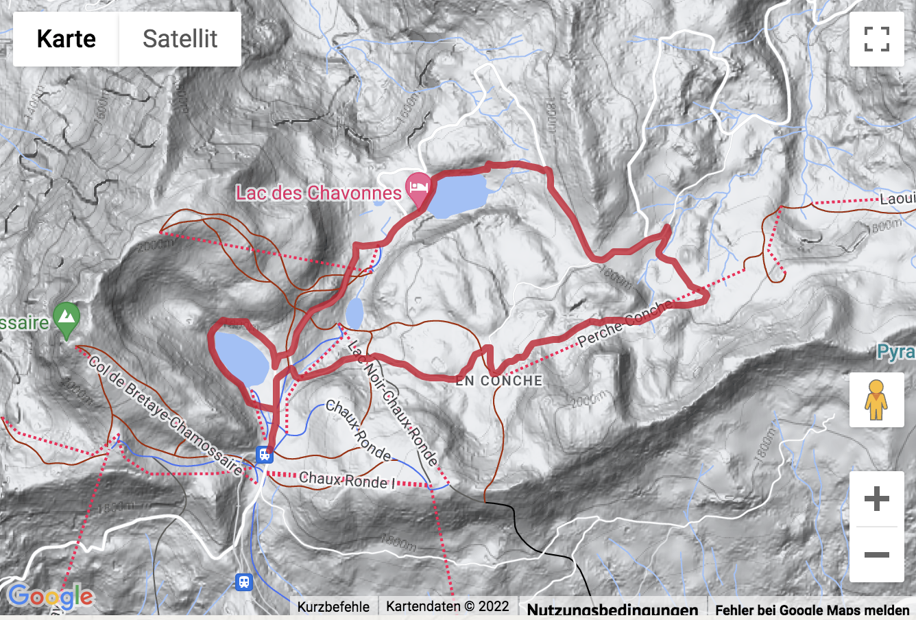 Übersichtskarte Wanderung von Bretaye zum Lac des Chavonnes