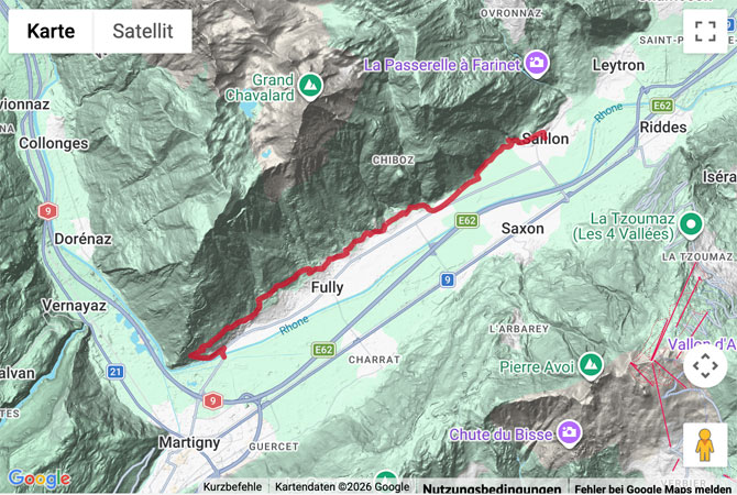 Routenskizze zur Rebenwanderung von der Pont de Branson nach Saillon