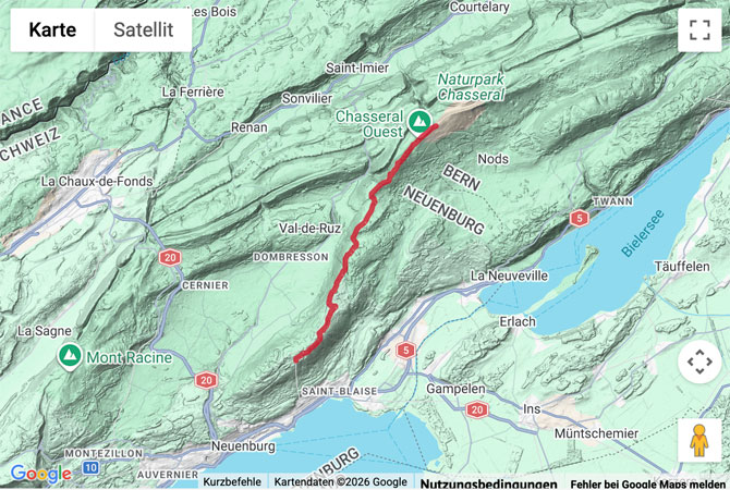 Routenskizze zur Höhenwanderung vom Chasseral zum Chaumont