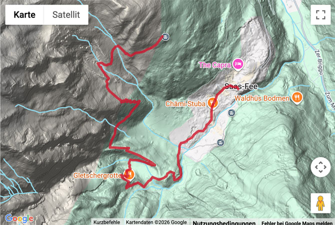 Routenskizze zur Bergwanderung von der Hannigalp nach Saas Fee