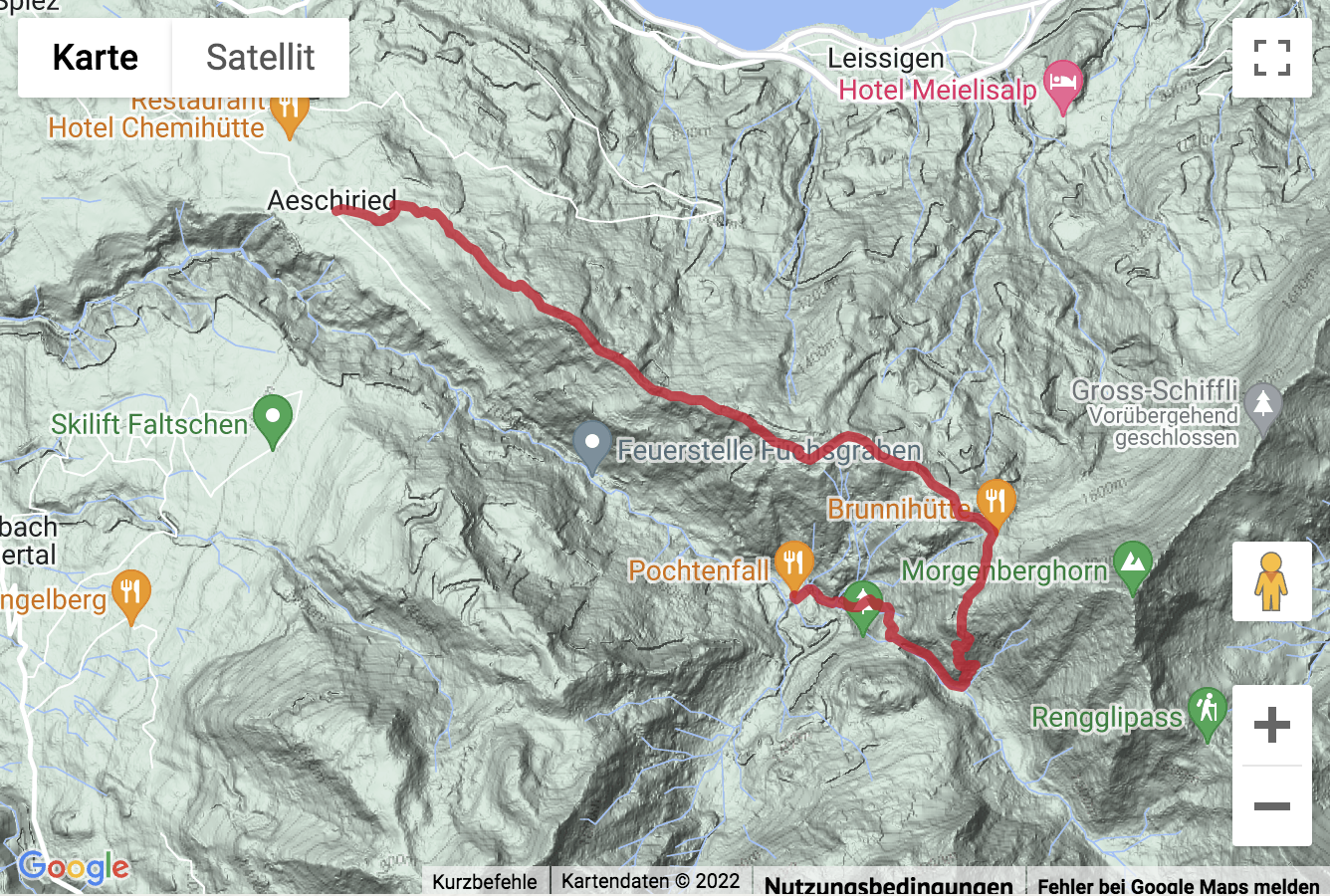 Übersichts-Routenkarte für die Wanderung zum Pochtenfall und zur Alp Brunni