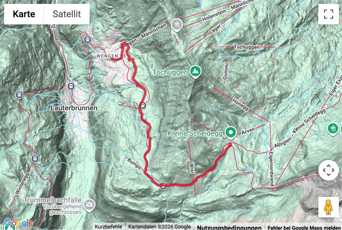 Routenskizze zur Winterwanderung von der Kleinen Scheidegg nach Wengen