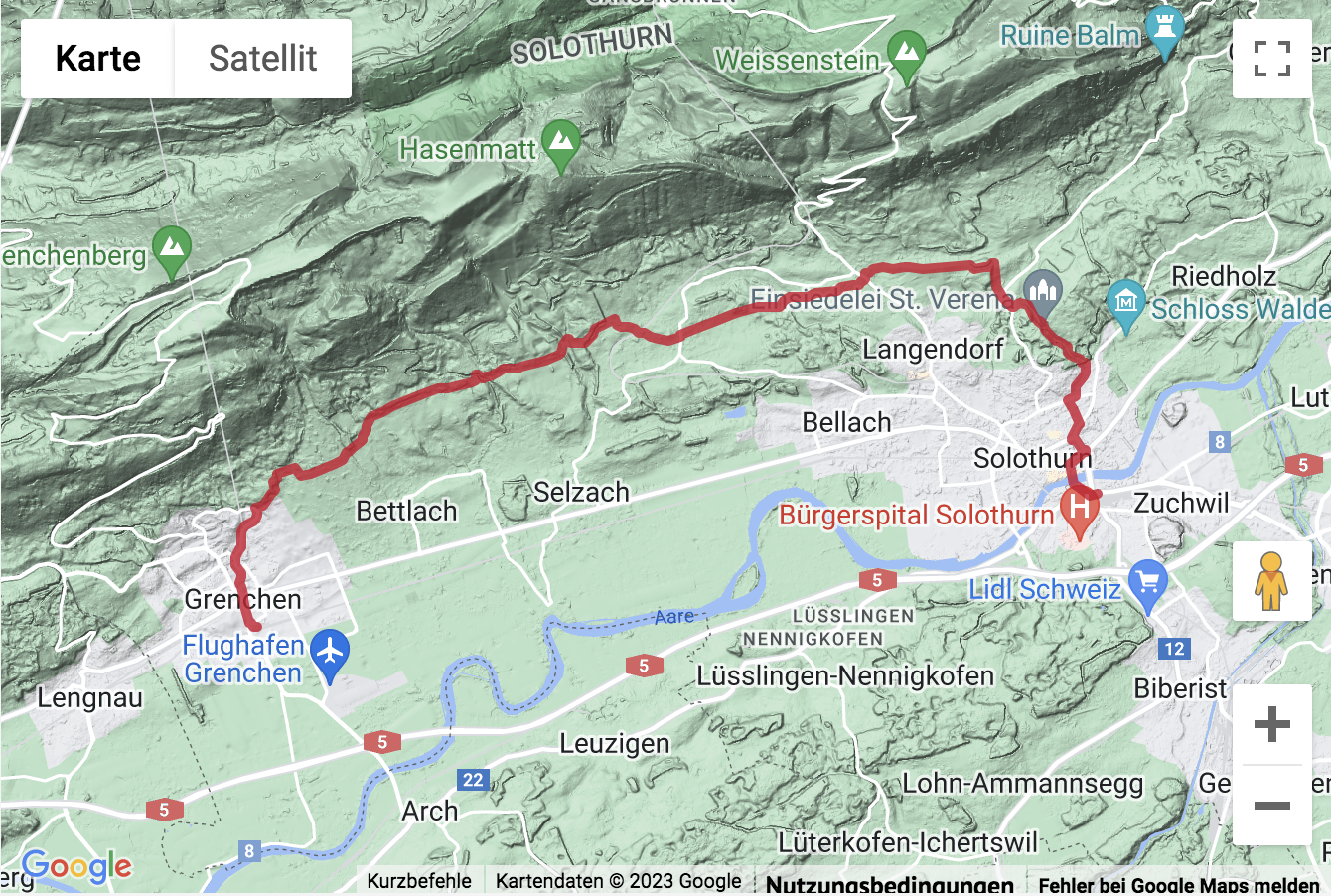 Übersichtskarte Wanderung Solothurn - Verenaschlucht - Grenchen