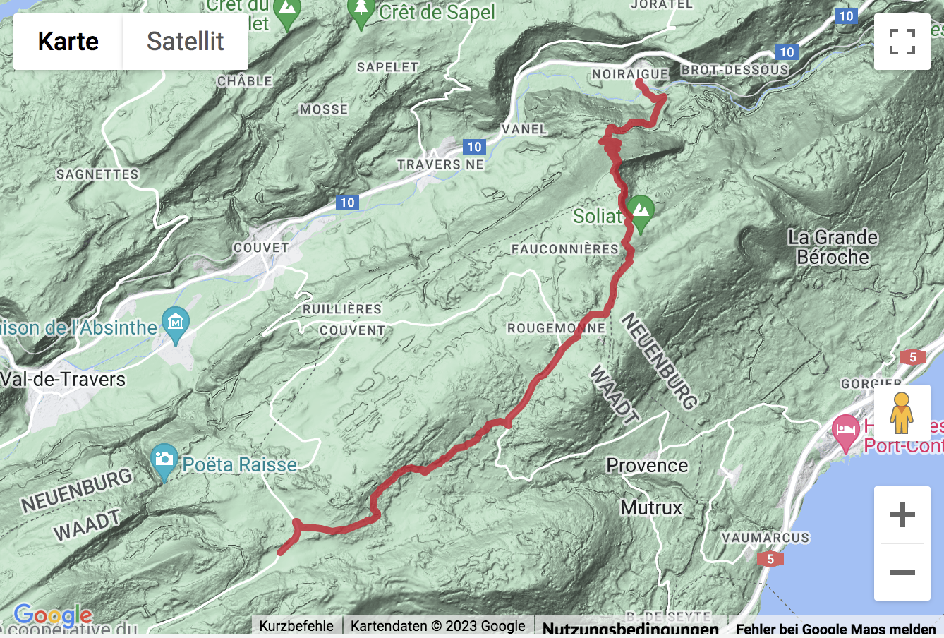 Übersichts-Routenkarte für die Wanderung auf dem Jura-Höhenweg zum Creux du Van