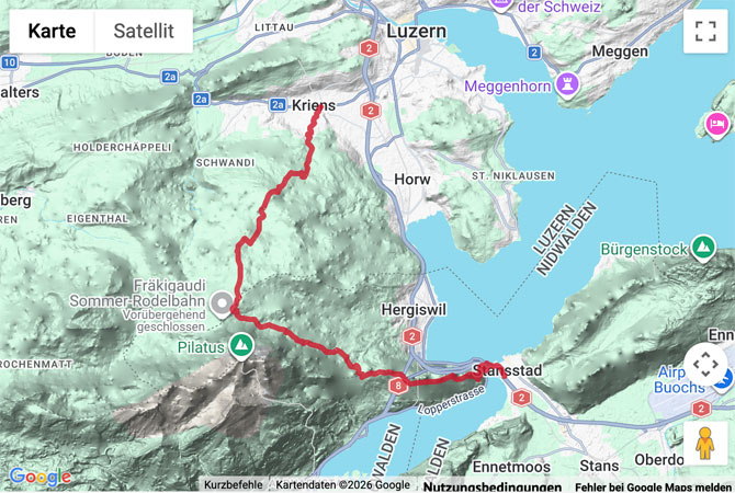 Routenskizze zur Bergwanderung von Kriens über Fräckmünt nach Stansstad