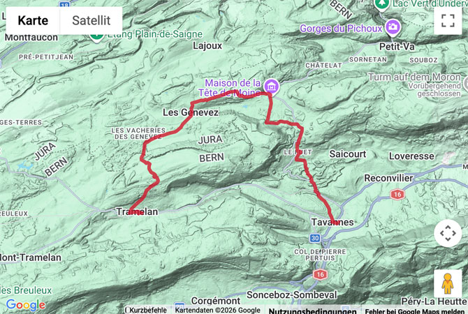 Routenskizze zur Wanderung von Tramelan nach Tavannes