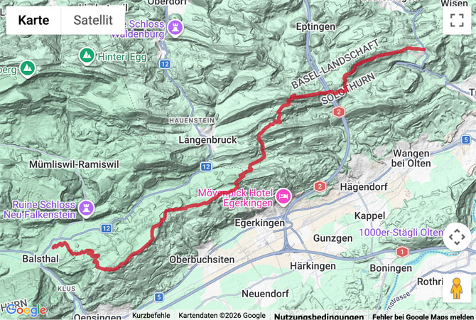 Routenskizze zur Jurahöhenweg vom Hauenstein nach Balsthal