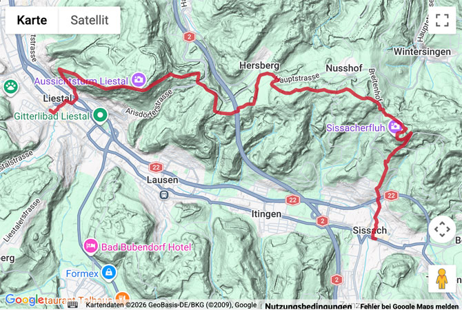 Routenskizze zur Wanderung über die Sissacher Fluh nach Liestal