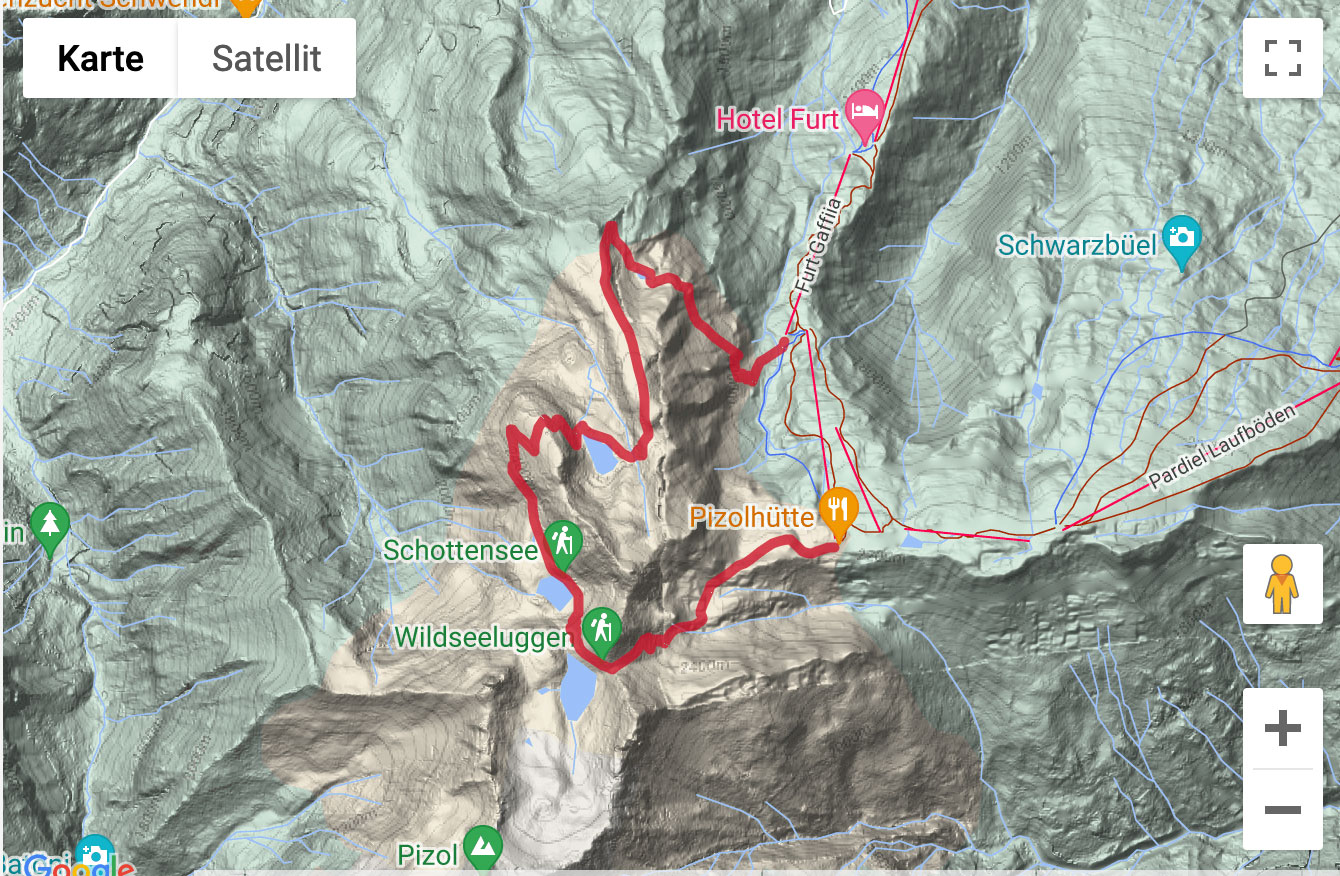 Carte de situation avec l'itinéraire pour la Randonnée des cinq lacs dans la région du Pizol
